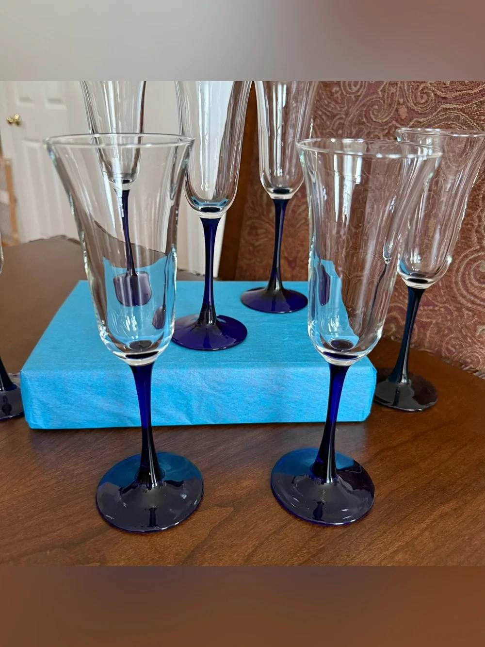 Vintage Luminarc France Cobalt Blue Stem Champagne Flutes - Set of 6 + 1 Spare